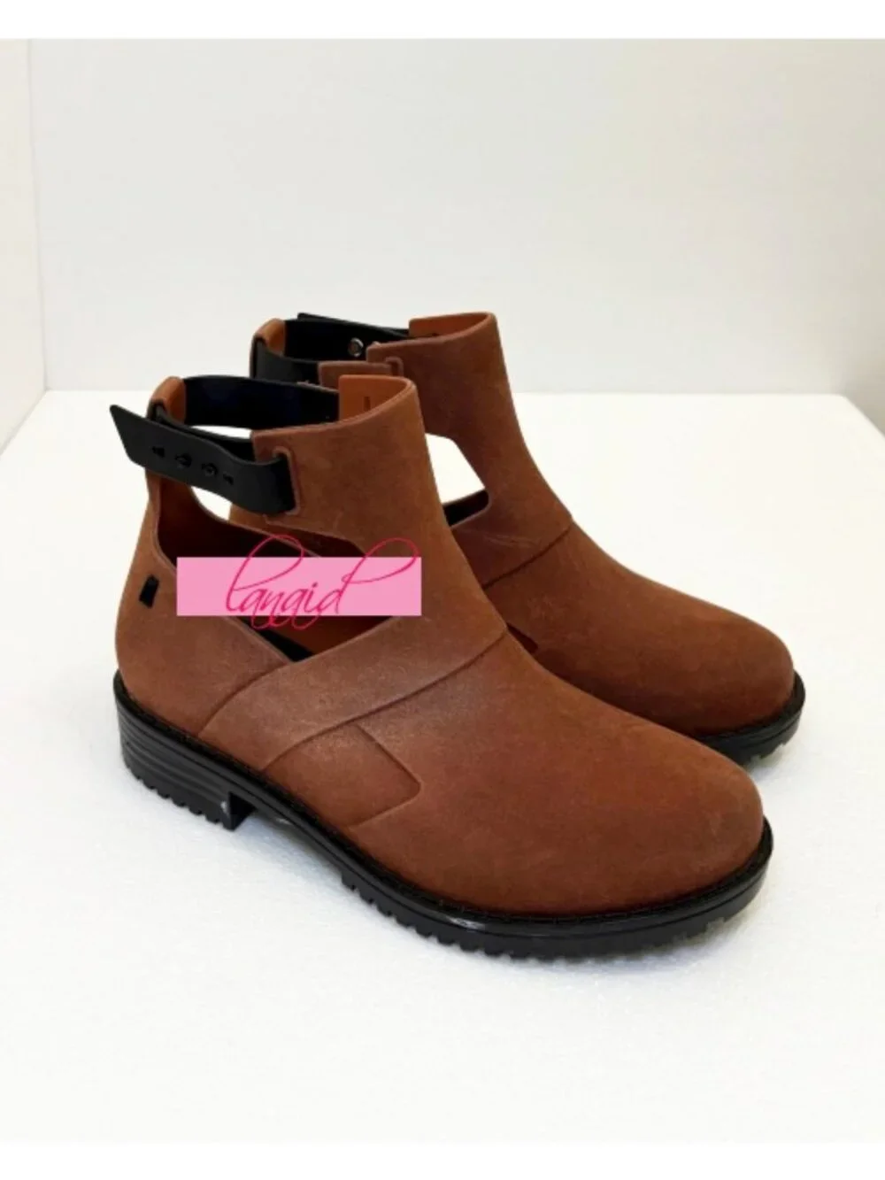 Melissa Antares II Boots Brown Low Cut-Out Suede Buckles Ankle Flat Booties 7
